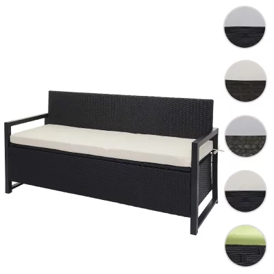 MENDLER Banc 3 places en poly rotin  HWC-F39 anthracite coussin cr&egrave;me