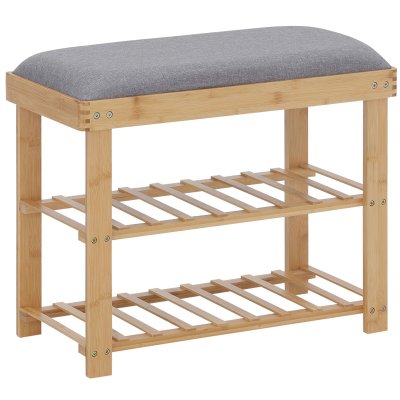 Banc &agrave; chaussures 2 &eacute;tag&egrave;res bambou coussin gris