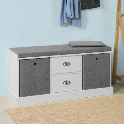 Banc &agrave; chaussures avec coussin rembourr&eacute; effect bois gris