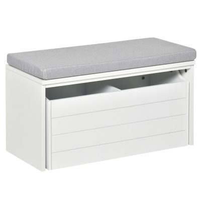 Banc &agrave; chaussures blanc tiroir double compartiment coussin gris
