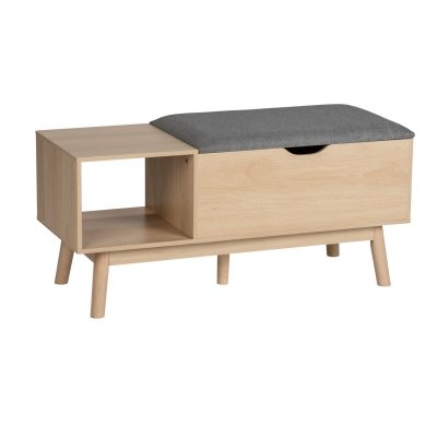 Banc d'entr&eacute;e Edda avec coffre de rangement et niche ouverte - Gris et bois