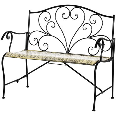 OUTSUNNY Banc de jardin 2 places style fer forg&eacute; m&eacute;tal noir dor&eacute; vieilli
