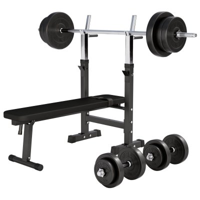 GORILLA SPORTS Banc de musculation GS006 + Set d'halt&egrave;res disques en plastiques et barres 70KG