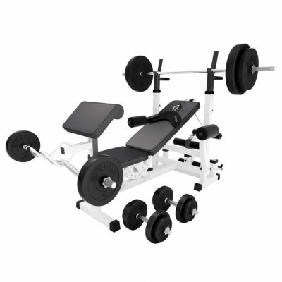 GORILLA SPORTS Banc de musculation universel Blanc GS005 avec supports et set d'halt&egrave;res 97,5 KG