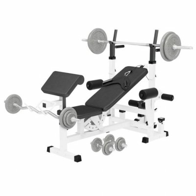 GORILLA SPORTS Banc de musculation universel Blanc GS005 avec supports et set d'halt&egrave;res en fonte de 105,5 KG