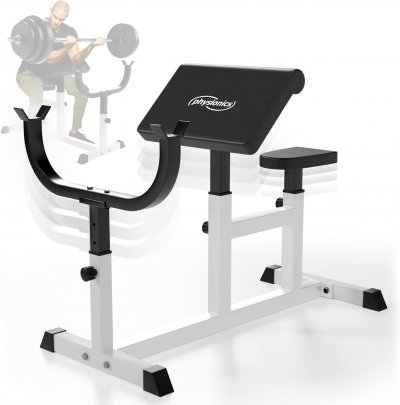 PHYSIONICS Banc de remise en forme Scott pour biceps avec si&egrave;ge r&eacute;glable et support de barreau