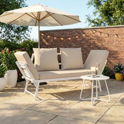 IDMARKET Banquette de jardin convertible 2/3 places m&eacute;tal blanc coussins beige