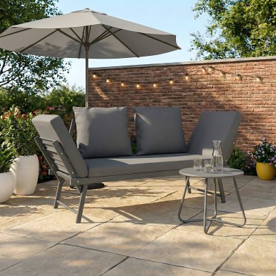 IDMARKET Banquette de jardin convertible 2/3 places m&eacute;tal gris coussins gris anthracite
