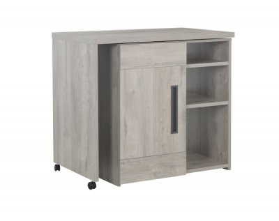 Bar pivotant effet bois ch&ecirc;ne gris clair avec roulettes et &eacute;tag&egrave;res