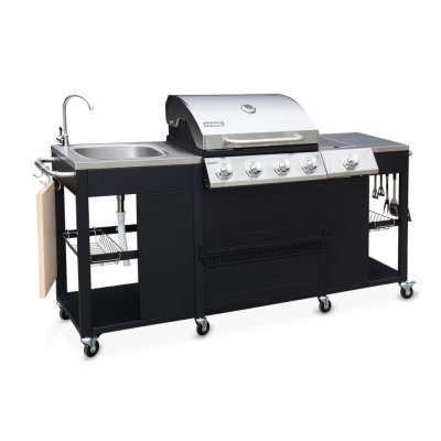 SWEEEK Barbecue au gaz cuisine ext&eacute;rieure 5 br&ucirc;leurs &eacute;vier planche