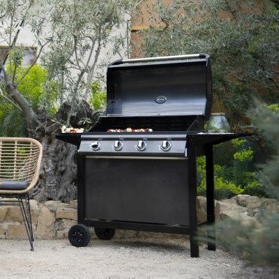 HAPPY GARDEN Barbecue au gaz reno - 4 br&ucirc;leurs avec thermom&egrave;tre 14kW - Noir