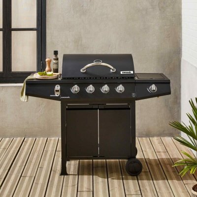 SWEEEK Barbecue gaz 4 br&ucirc;leurs + 1 feu lat&eacute;ral acier noir avec housse