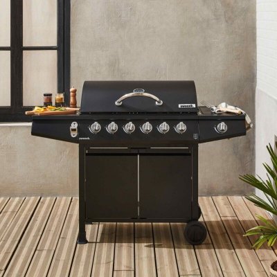 SWEEEK Barbecue gaz 6 br&ucirc;leurs + 1 feu lat&eacute;ral acier noir avec housse