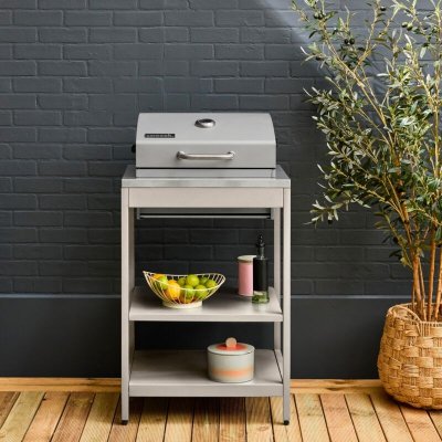 SWEEEK Barbecue grill charbon de bois beige Naxos grille chrom&eacute;e 2 &eacute;tag&egrave;res