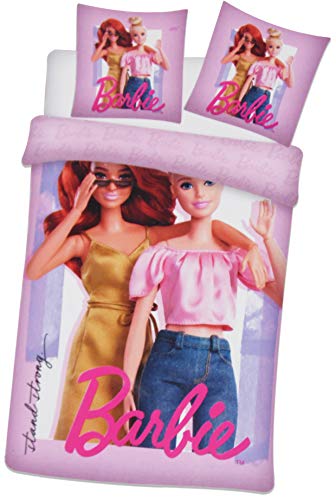 BRANDMAC Barbie - Parure de Lit Coton Enfant Lit 1 place, Housse de couette 140x200 cm, une Taie d&rsquo;oreiller