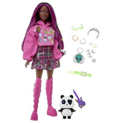 BARBIE -Poup&eacute;e &reg; Extra - Aux cheveux bruns stri&eacute;s de rose et son panda"" - HKP93