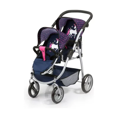 BAYER  Poussette jumelle pour poup&eacute;e licorne bleu et rose vif r&eacute;glable