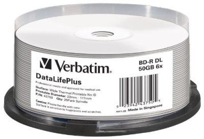 VERBATIM Bd-r 50gb  6x thermo white full surface 25er cakebox 43750