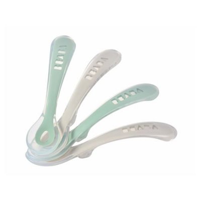 BEABA  Lot de 4 Cuill&egrave;res Soft Silicone 2&egrave;me Age - D&egrave;s 8 mois Sauge