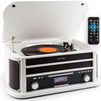 AUNA Belle epoque 1908 dab cha&icirc;ne st&eacute;r&eacute;o r&eacute;tro platine vinyle dab+ bluetooth fm usb cd mp3 blanc