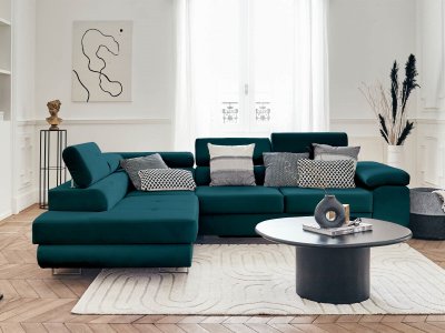 BEST MOBILIER Bestmobilier Canap&eacute; d'angle gauche convertible 5 places PABLO - Velours Bleu canard