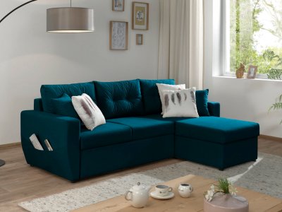 BESTMOBILIER  Canap&eacute; d'angle r&eacute;versible convertible 4 places ASTORIA - Velours Bleu canard