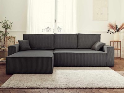 Bestmobilier Canap&eacute; d'angle r&eacute;versible convertible 4 places DELLIA - Velours c&ocirc;tel&eacute; Gris fonc&eacute;