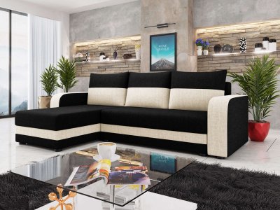 BESTMOBILIER  Canap&eacute; d'angle r&eacute;versible convertible 4 places HARVEY - Tissu Noir / Beige