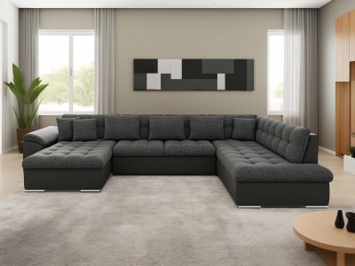BESTMOBILIER  Canap&eacute; panoramique 7 places CHUCK - Angle droit - Simili/tissu et velours Noir / Gris