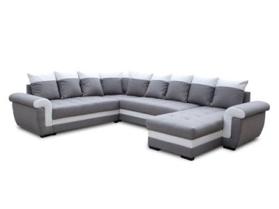 BEST MOBILIER Bestmobilier Canap&eacute; panoramique 7 places HENRY - Angle r&eacute;versible - Simili/Tissu Gris / Blanc