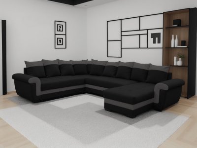 BESTMOBILIER  Canap&eacute; panoramique 7 places HENRY - Angle r&eacute;versible - Simili/Tissu Noir / Gris