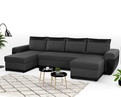 BESTMOBILIER  Canap&eacute; panoramique 7 places MILAN - En U - Simili/Tissu Noir / Gris