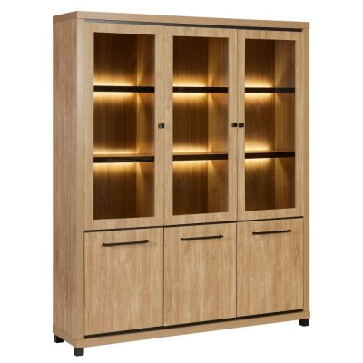 Biblioth&egrave;que 6 portes avec leds bois houston oak poign&eacute;es m&eacute;tal noires