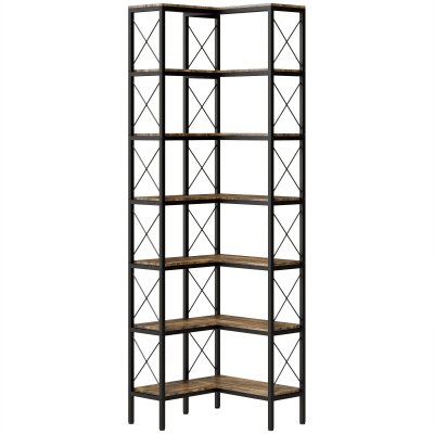 Biblioth&egrave;que d'angle 6 niveaux m&eacute;tal bois brun rustique