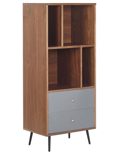Biblioth&egrave;que &eacute;tag&egrave;re scandinave effet bois fonc&eacute; avec 2 tiroirs gris