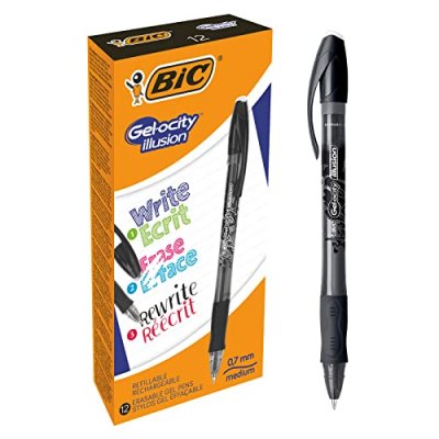 BIC  Gel-ocity Illusion Stylos Gel Effa&ccedil;ables Pointe Moyenne (0,7 mm) - Noir, Bo&icirc;te de 12