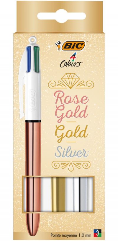 BIC  Lot de 3 stylos &agrave; bille Pick Gold et Silver 4 couleurs