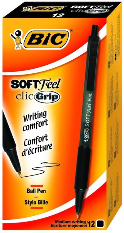 BIC  Lot de 3 Stylos &agrave; bille r&eacute;tractable Soft Feel Clic grip, noir