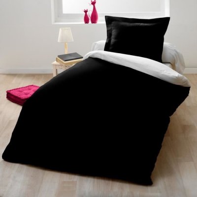 HOME LINGE PASSION Bicolore Parure de couette 100% coton - Noir - 140x200 cm - Noir