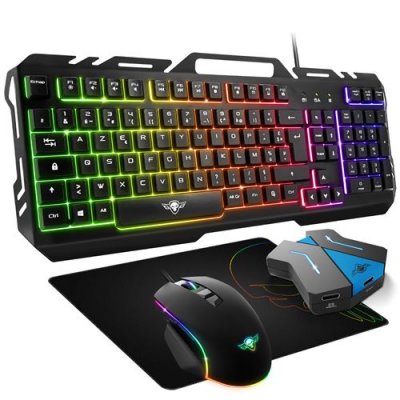 GENERIQUE Big pack RGB Spirit of gamer clavier souris tapis - R&eacute;tro &eacute;clair&eacute; + Convertisseur console