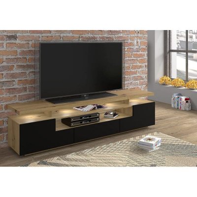 EVA Bim Furniture Meuble TV  180 cm ch&ecirc;ne artisanal / noir mat avec LED