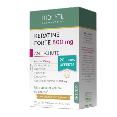 BIOCYTE  Pack K&eacute;ratine Forte 500mg Anti Chute R&eacute;sistance du Cheveu 120 G&eacute;lules 
