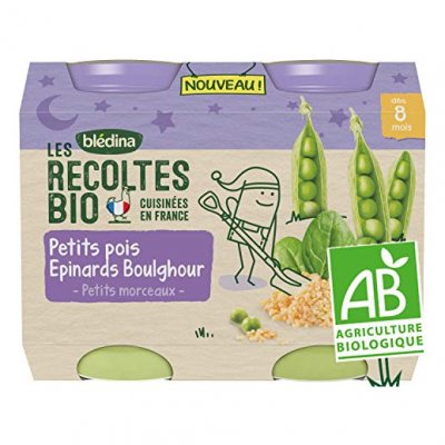 BLEDINA Bl&eacute;dina Les R&eacute;coltes Bio Petits Pois &Eacute;pinards Boulghour 2x200g