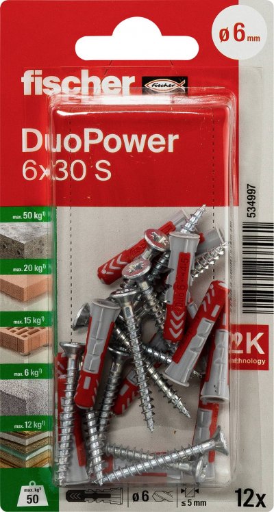 FISCHER Blister 12 chevilles+des vis duopower &oslash;6x30mm 534997 