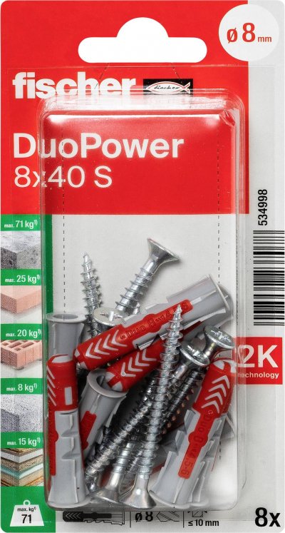 FISCHER Blister de 18 chevilles tous mat&eacute;riaux DUOPOWER 8x40mm + vis