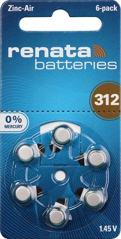RENATA Blister de 6 Pile auditive ZA312 Zinc Air 0% Mercury 1,45V