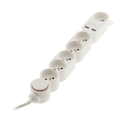 ZENITECH Bloc 6x16A + inter blanc c&acirc;ble HO5VV-F 3G1 1,5m + 2xUSB 2,1A &eacute;quip&eacute; d'une fiche extraplate