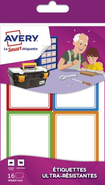 AVERY DENNISON Bloc de 16 &eacute;tiquettes r&eacute;sistentes Avery 44 x 64 cm