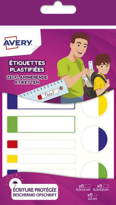 AVERY DENNISON Bloc de 24 &eacute;tiquettes plastifi&eacute;es Avery en 3 formats Mod&egrave;le al&eacute;atoire