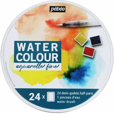 PEBEO Bo&icirc;te de 24 demi-godets aquarelle + pinceau &agrave; eau - P&eacute;b&eacute;o